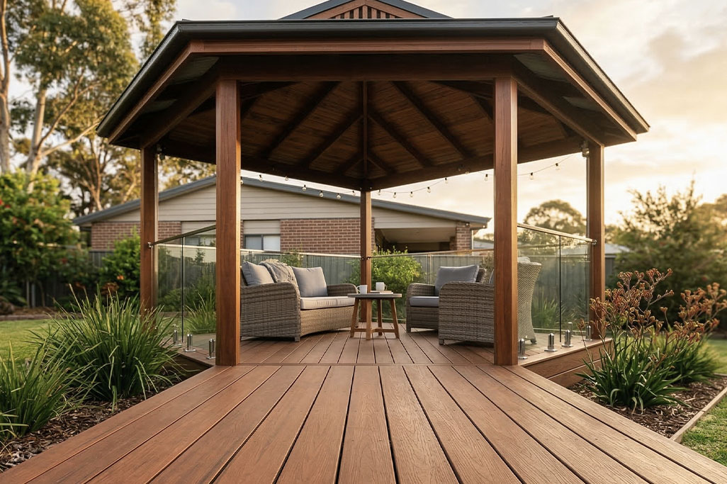 Warm-toned composite decking on a backyard gazebo with outdoor seating, glass railing, and landscaped garden surroundings