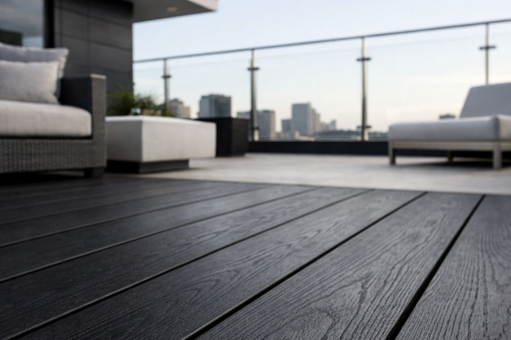 Composite decking on a modern outdoor terrace with lounge seating and city skyline view in the background