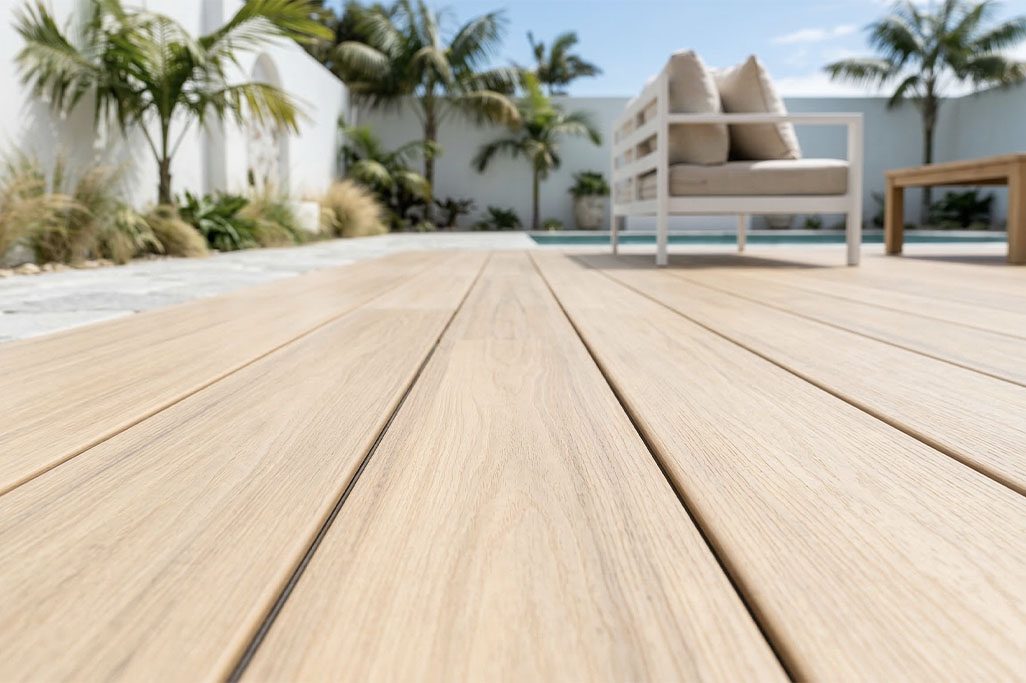 Light-toned composite decking on a modern poolside patio with outdoor seating and tropical landscaping