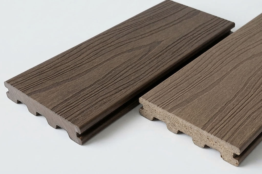 Composite Decking boards comparison showing capped composite decking with protective outer shell beside uncapped composite decking with exposed core and wood-grain texture.