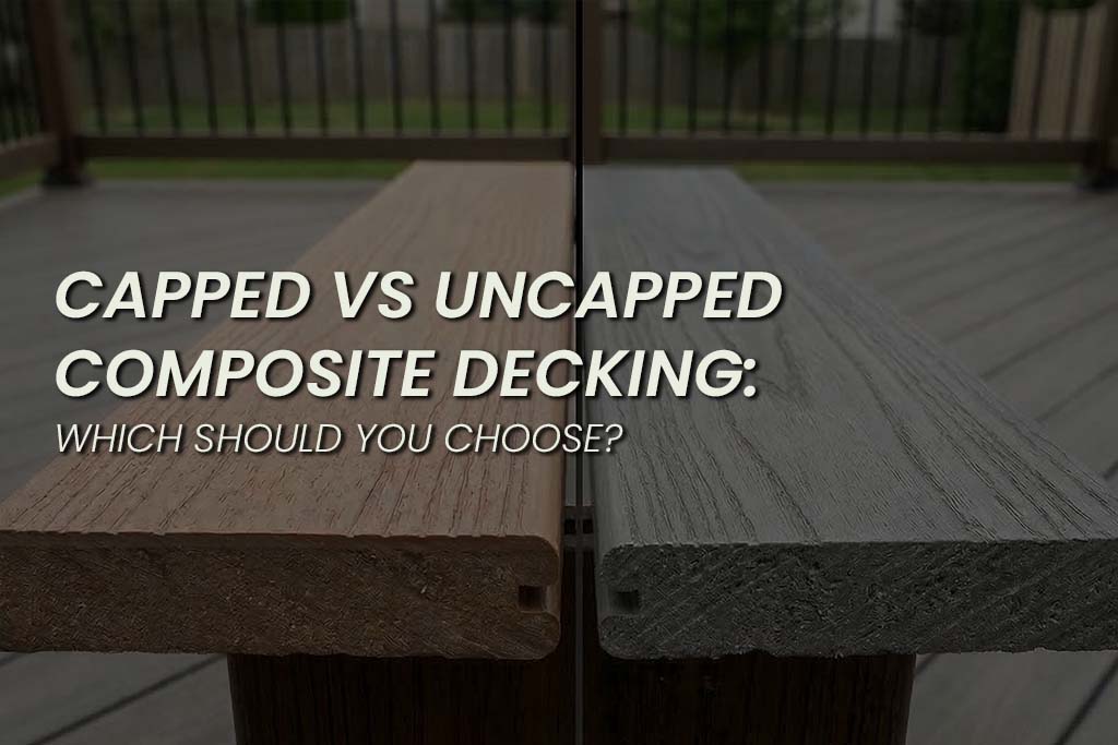Side-by-side comparison of capped vs uncapped composite decking boards, showing the capped board with a protective outer layer on the right and the uncapped board on the left, with the text “Capped vs Uncapped Composite Decking: Which Should You Choose?” displayed over the image.