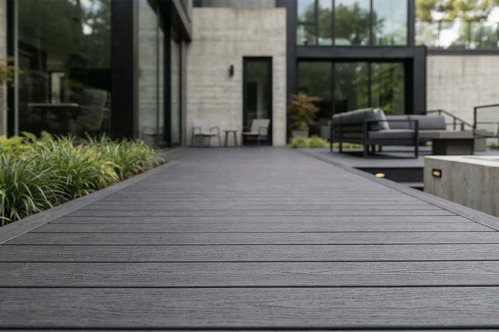 Dark grey composite decking walkway leading to a modern home with outdoor seating and landscaped garden edges