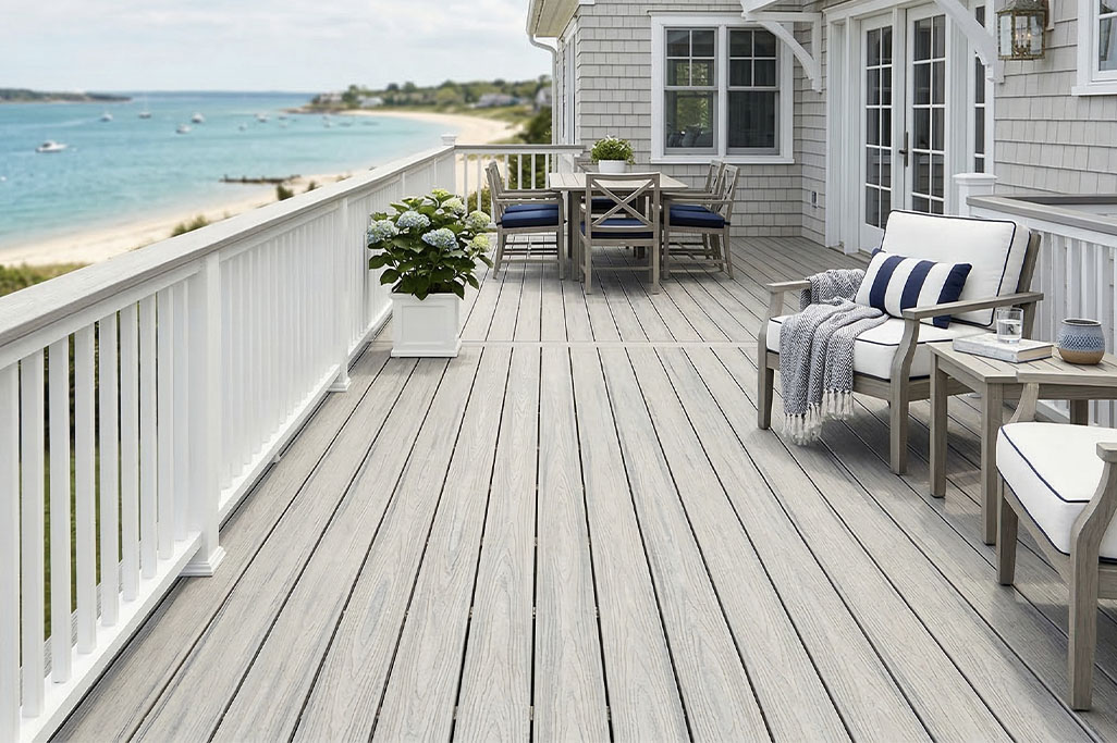 Light grey composite decking on a coastal balcony with outdoor seating, dining area, and ocean views