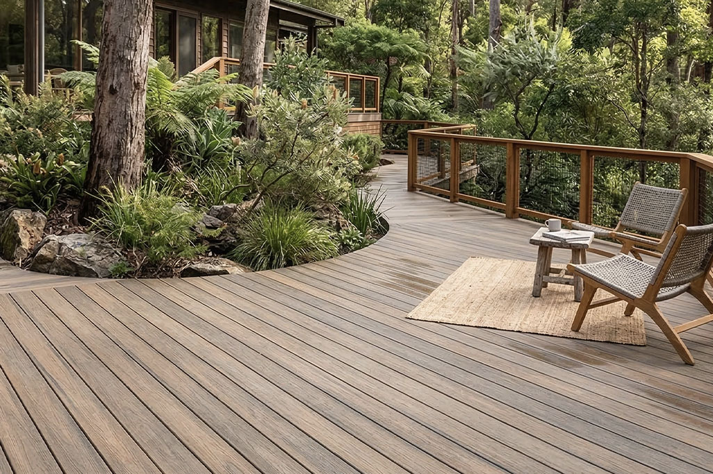 Natural-toned composite decking in a forest garden setting with curved walkway, outdoor seating, and lush greenery