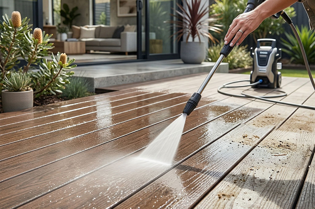 Composite decking being cleaned with a pressure washer, removing dirt and grime from the surface in a modern outdoor patio setting
