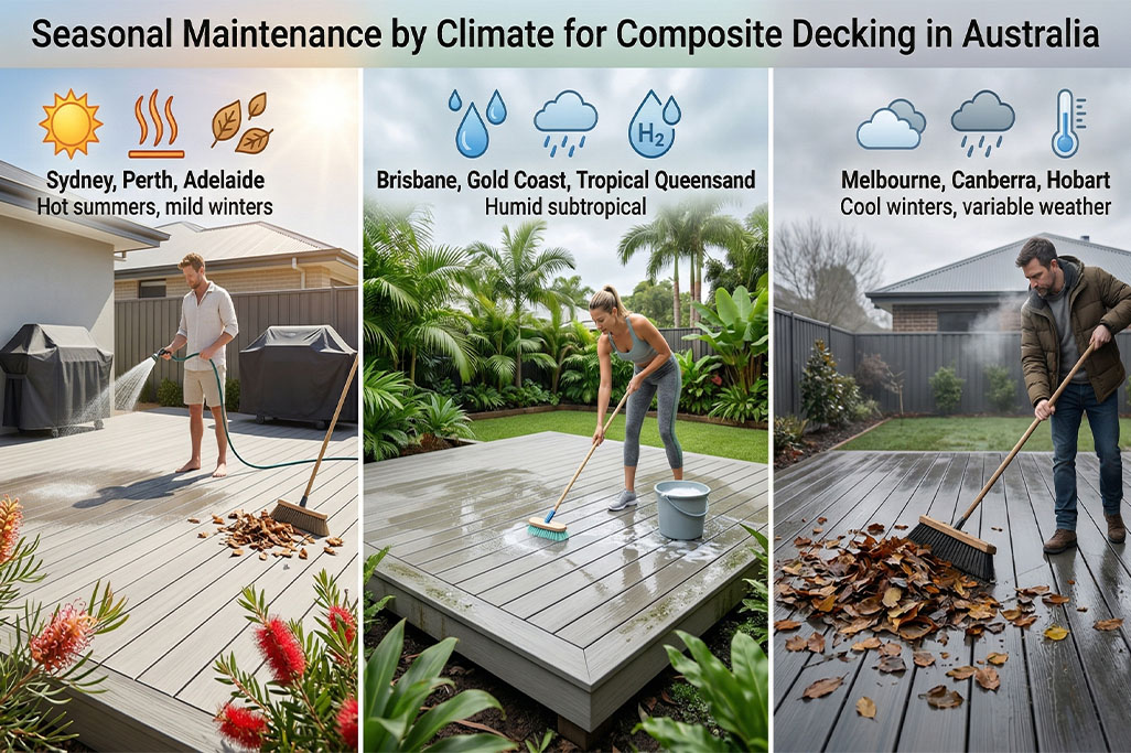 Composite decking seasonal maintenance guide showing cleaning and care tips for different Australian climates including hot, humid, and cool regions
