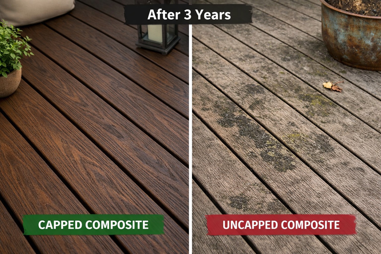 Comparison of Composite Decking after 3 years showing capped composite decking boards on the left looking clean and rich brown, while uncapped composite decking on the right appears faded, stained, and covered with mold and weathering.