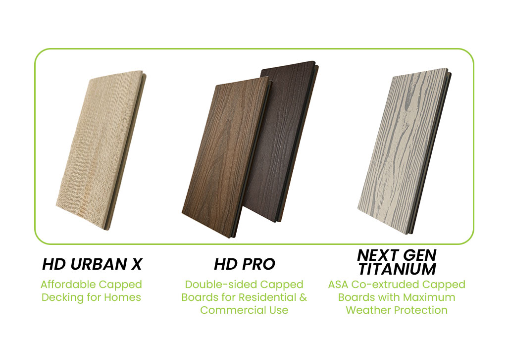 Composite Decking product range featuring HD Urban X capped decking, HD Pro double-sided capped boards, and Next Gen Titanium ASA co-extruded composite decking boards for enhanced weather protection.
