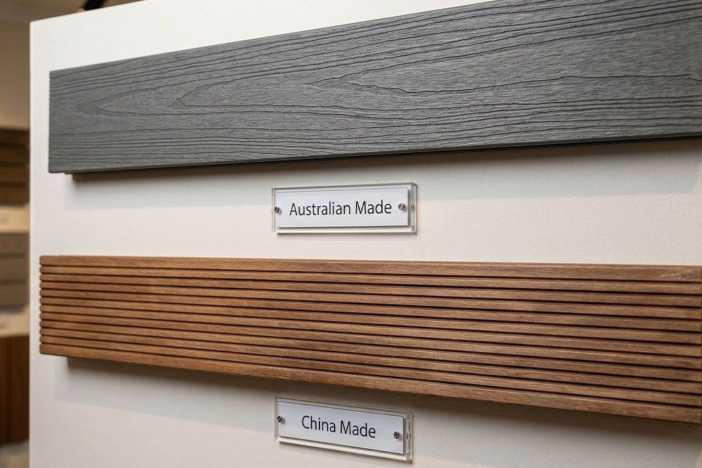 Composite Decking samples on display comparing Australian-made and China-made boards, highlighting differences in texture and finish.