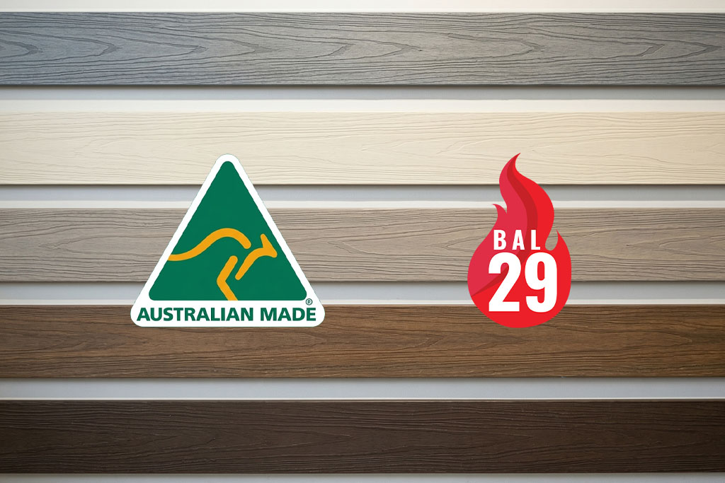 Composite Decking boards displayed in multiple colors with Australian Made certification and BAL 29 fire rating icons, highlighting durability and compliance standards.