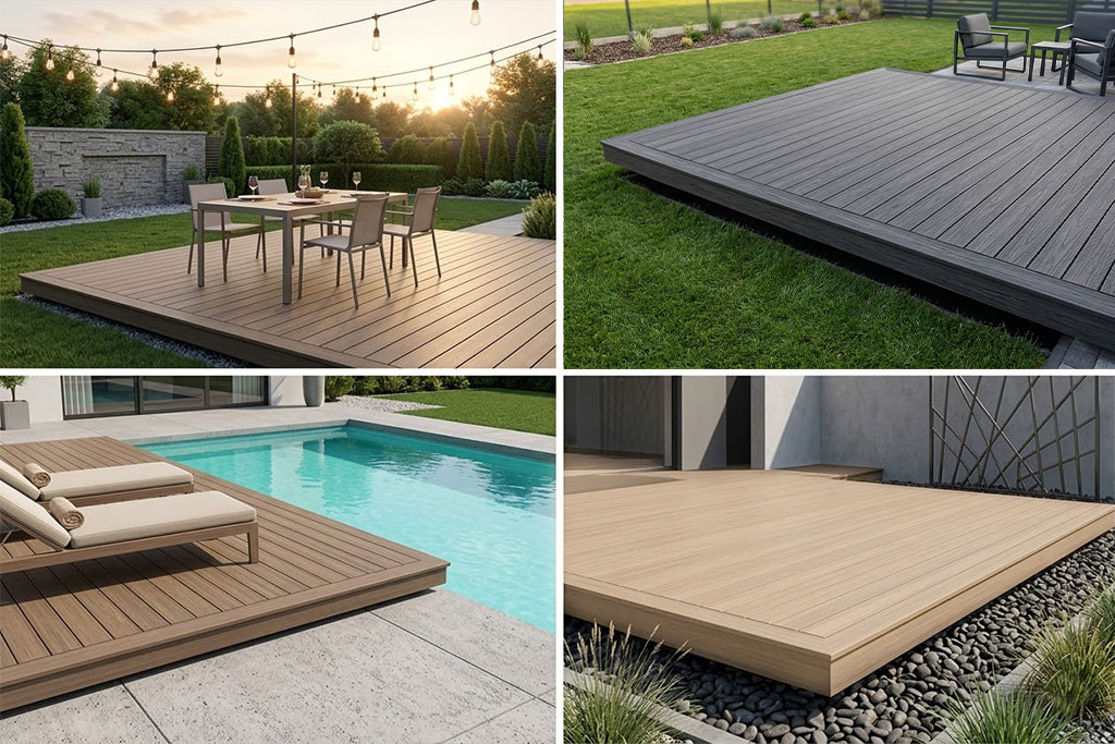 Collage of outdoor spaces featuring composite decking including a dining area with string lights, a low platform deck on grass, a poolside lounge setup, and a raised deck with stone edging. The examples show different styles and uses of composite decking in modern backyard designs.