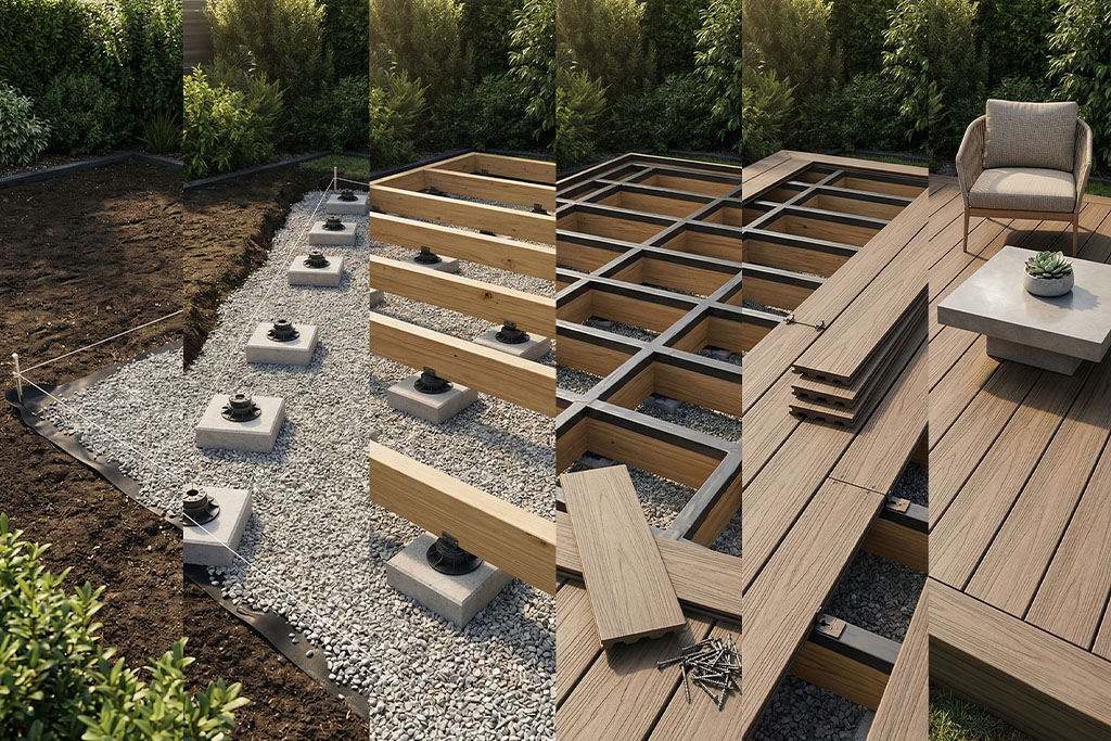 Step by step collage showing composite decking installation from ground preparation and leveling pads on gravel to timber framing and final deck boards with outdoor furniture. The sequence highlights how composite decking is built from the foundation through to a finished seating area in a garden.