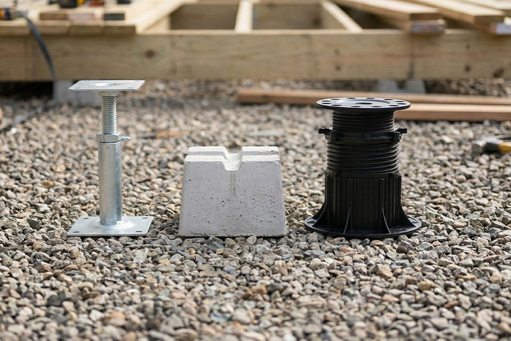 Three types of composite decking supports including an adjustable metal pedestal, a concrete deck block, and a black plastic riser set on gravel with a timber frame in the background. The setup shows different foundation options used when installing composite decking for stability and leveling.