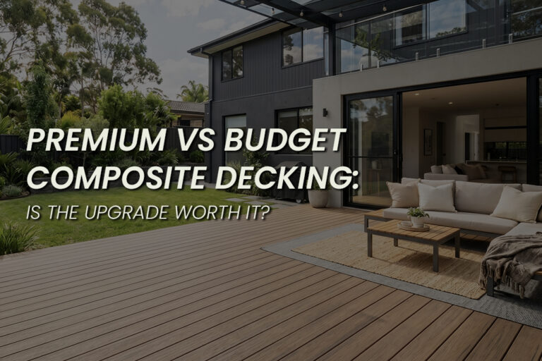 : Modern home with outdoor composite decking and patio furniture, featuring text overlay about premium vs budget composite decking and whether the upgrade is worth it.