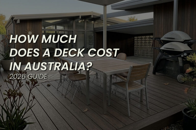 Modern outdoor space with a dining table and chairs set on composite decking beside a contemporary home and grill. Overlaid text reads "HOW MUCH DOES A DECK COST IN AUSTRALIA. 2026 GUIDE" highlighting the topic of deck pricing and planning.