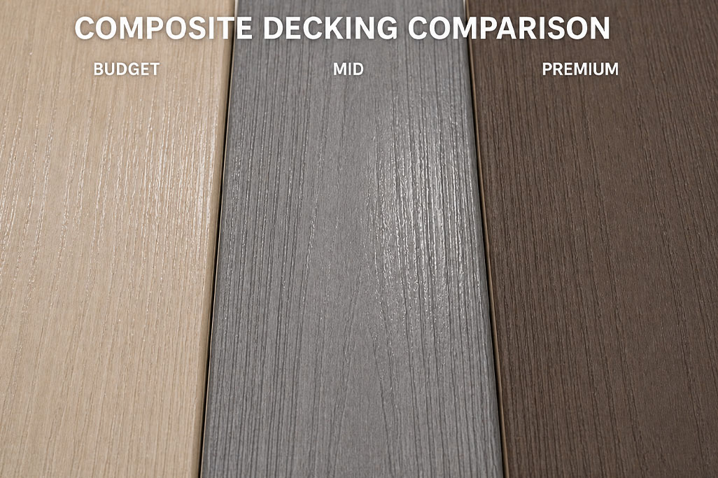 Blog Premium Vs. Budget Artboard 1 : Composite decking comparison showing budget, mid-range, and premium composite decking boards in different colours and finishes side by side.
