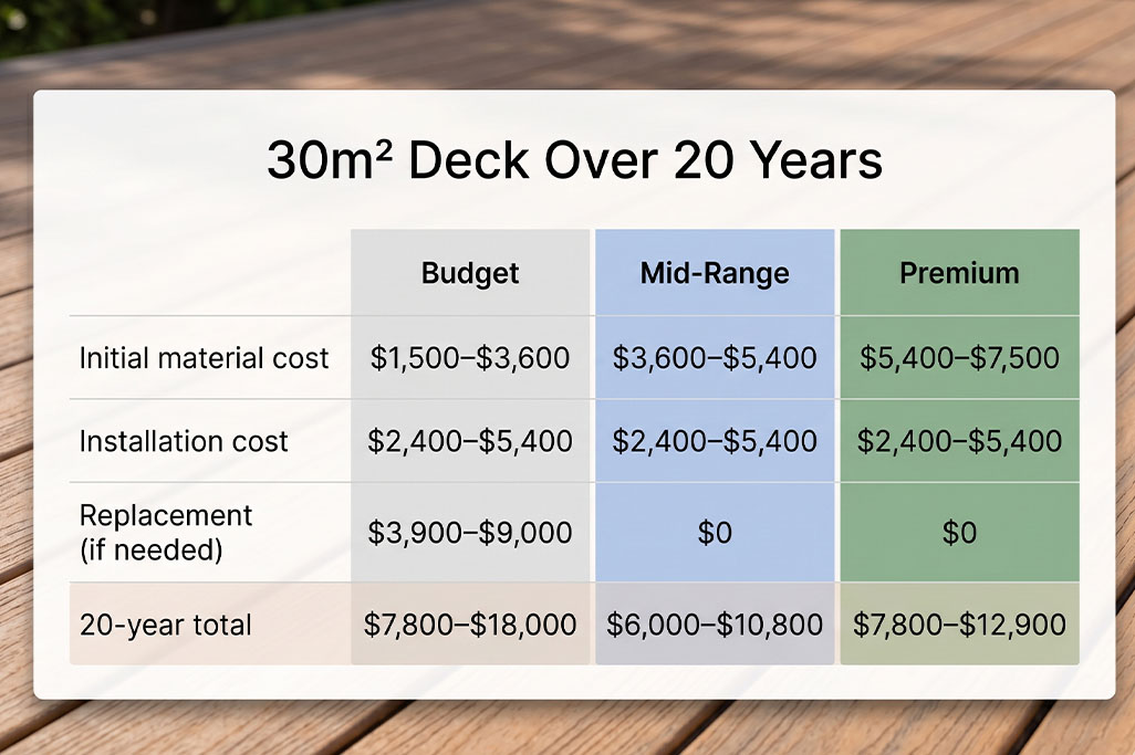 Blog Premium Vs. Budget Artboard 3 Cost comparison chart for composite decking showing budget, mid-range, and premium decking costs over 20 years for a 30m² deck, including material, installation, replacement, and total costs.