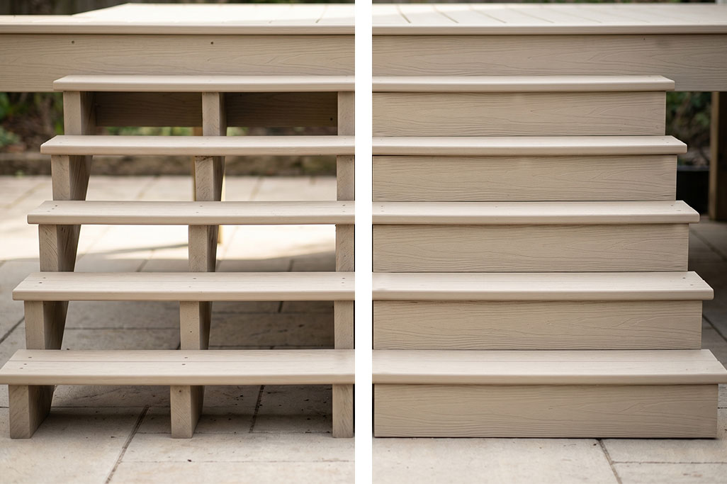 Side by side comparison of composite decking stairs showing an open riser design on the left and a closed riser design on the right, both in a light wood finish on a patio. The image highlights different composite decking stair styles for outdoor spaces.