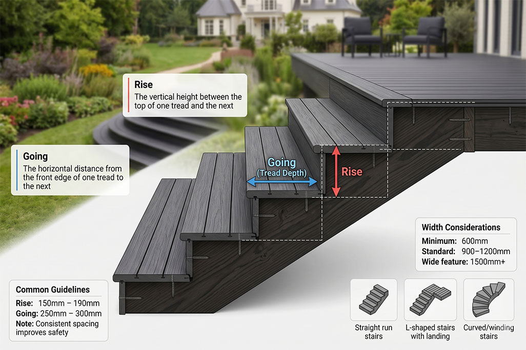 Diagram of composite decking stairs labeled to show "Rise" as the vertical height between steps and "Going" as the tread depth, with arrows indicating each measurement on dark deck boards in a landscaped backyard. Additional text reads "Common Guidelines Rise: 150mm – 190mm Going: 250mm – 300mm Note: Consistent spacing improves safety" and "Width Considerations Minimum: 600mm Standard: 900–1200mm Wide feature: 1500mm+" along with small icons of straight, L shaped, and curved stair designs.