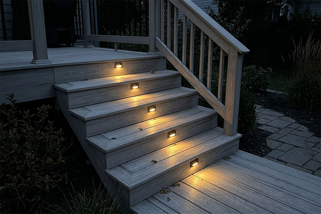 Composite decking stairs lead up to a porch at dusk, with warm встро lights embedded in each step casting a soft glow. The clean wood look and built in lighting highlight the durability and design appeal of composite decking for outdoor spaces.