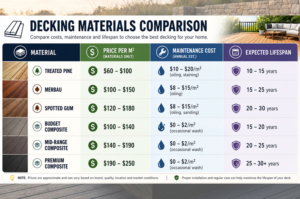 Cost Per Square Metre Artboard 1 Infographic comparing decking materials by price, maintenance cost, and lifespan, including treated pine, merbau, spotted gum, and composite decking options. Chart shows budget, mid range, and premium composite decking with lower maintenance costs and lifespans ranging from 15 to 30 plus years. Text includes "DECKING MATERIALS COMPARISON. Compare costs, maintenance and lifespan to choose the best decking for your home."