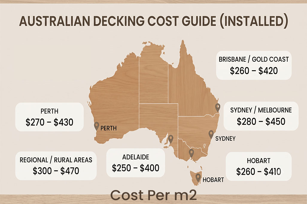 Cost Per Square Metre Artboard 5 1 Infographic map of Australia showing installed composite decking costs per square metre across major cities and regions including Sydney, Melbourne, Brisbane, Perth, Adelaide, and Hobart. Text reads "AUSTRALIAN DECKING COST GUIDE (INSTALLED)" with pricing ranges from $250 to $470 per m2 depending on location.