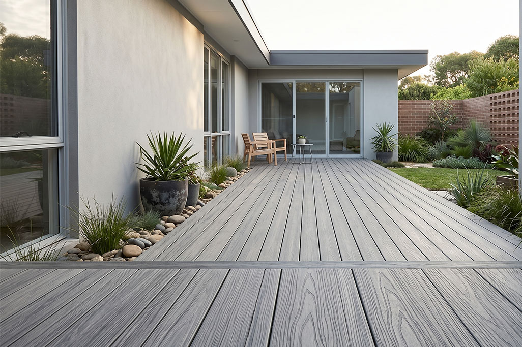 Deck Cost Artboard 4 Spacious backyard patio made with composite decking extends from a modern home with sliding glass doors and minimal landscaping. The clean lines and light grey boards show how composite decking creates a low maintenance outdoor living area with a sleek finish.