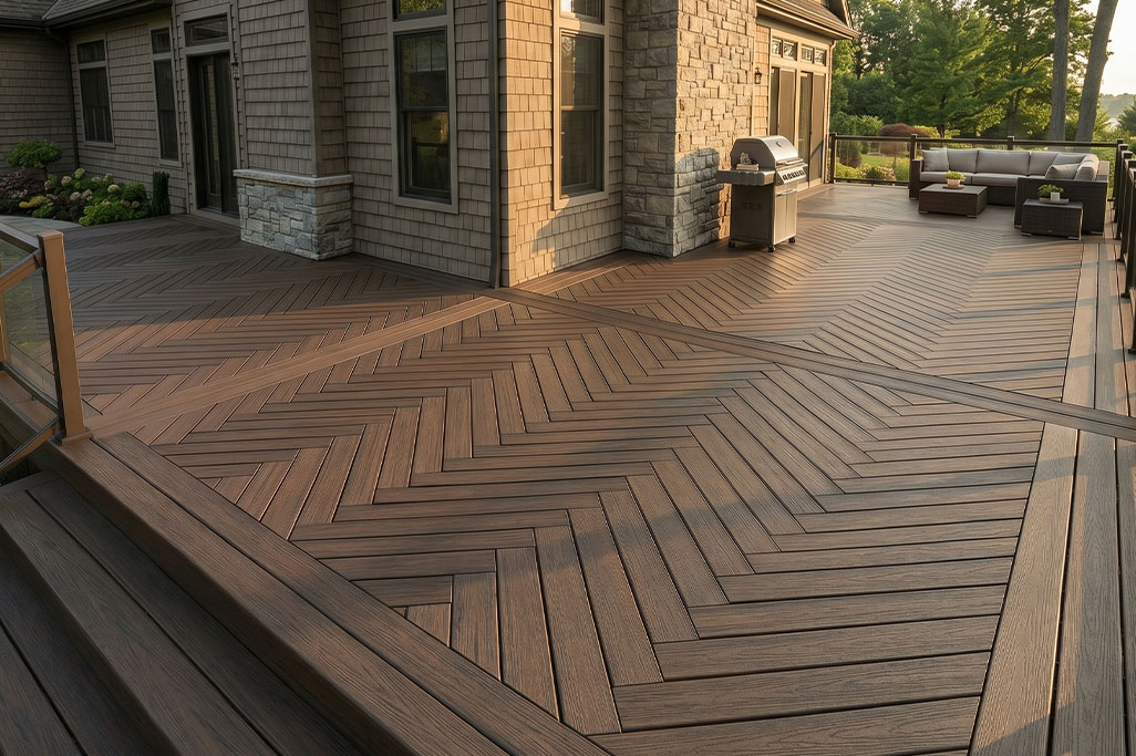Deck Cost Artboard 5 Large elevated outdoor living area finished with composite decking in a detailed herringbone pattern beside a modern home. A grill and cushioned seating area sit on the deck, showing how composite decking can be used for both design impact and functional entertaining space.