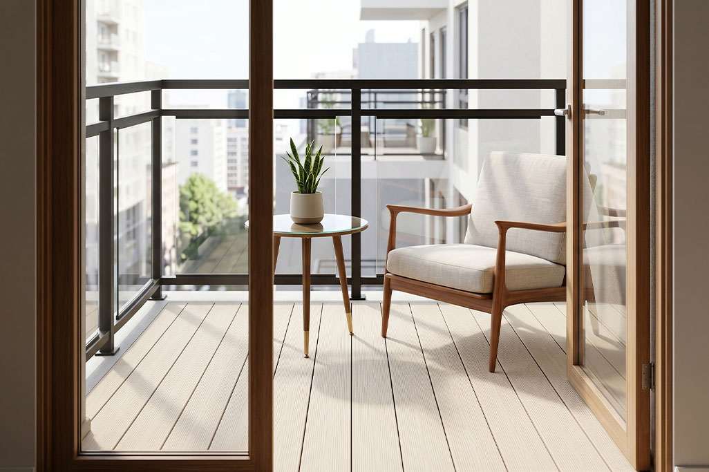 Modern apartment balcony with light composite decking, featuring a cushioned wooden chair and a small round table with a potted plant. Glass railing overlooks nearby buildings, creating a calm and minimal outdoor seating space.