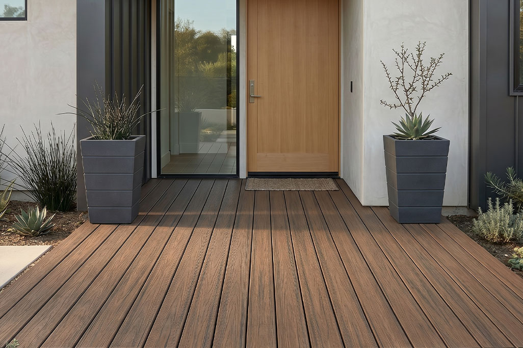 Modern home entryway with warm wood front door and clean white exterior, featuring composite decking that extends to the doorstep. Two tall planters with minimalist greenery frame the entrance, highlighting a sleek and welcoming design.