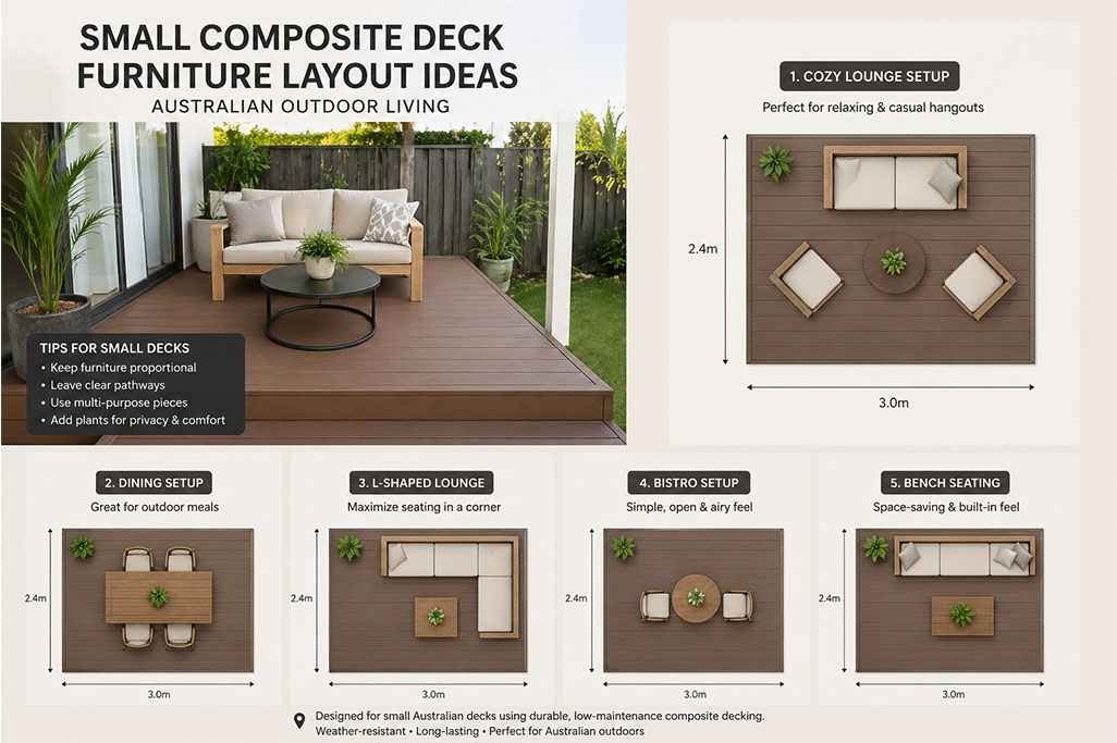 Alt text: Infographic titled "SMALL COMPOSITE DECK FURNITURE LAYOUT IDEAS" and "AUSTRALIAN OUTDOOR LIVING" showing five layout options for a 3.0m by 2.4m composite decking space. Includes "TIPS FOR SMALL DECKS" with "Keep furniture proportional" "Leave clear pathways" "Use multi purpose pieces" "Add plants for privacy and comfort" and labeled setups "1. COZY LOUNGE SETUP Perfect for relaxing and casual hangouts" "2. DINING SETUP Great for outdoor meals" "3. L SHAPED LOUNGE Maximize seating in a corner" "4. BISTRO SETUP Simple open and airy feel" "5. BENCH SEATING Space saving and built in feel" along with note "Designed for small Australian decks using durable low maintenance composite decking Weather resistant Long lasting Perfect for Australian outdoors".
