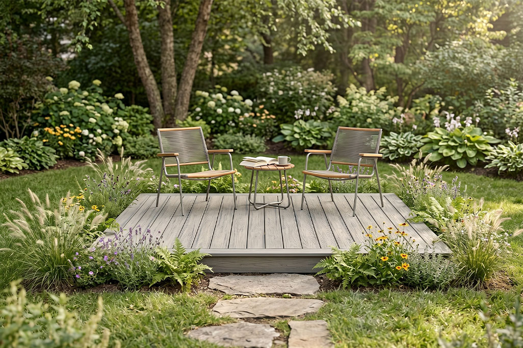 Small composite decking platform set within a lush garden, featuring two modern chairs and a small table with a book and cup placed between them. Surrounded by blooming flowers, greenery, and a stone path leading up to the deck, the space feels like a quiet outdoor retreat.