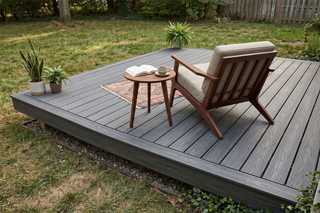 Cozy backyard seating area on a raised composite decking platform with a wooden lounge chair, small round table holding an open book and coffee, and potted plants arranged around the space. The deck sits within a grassy yard bordered by trees and a wooden fence, creating a quiet outdoor reading spot.
