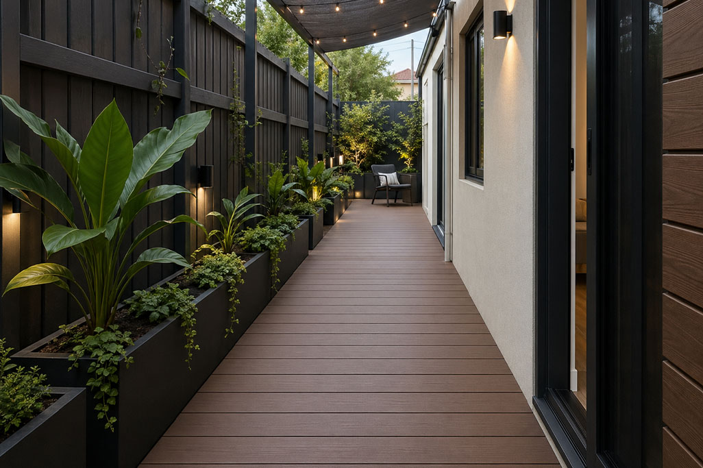 Narrow side yard walkway with composite decking bordered by tall dark fencing and modern planters filled with lush greenery. Soft lighting and string lights overhead lead toward a small seating area at the end, creating a cozy and private outdoor passage.