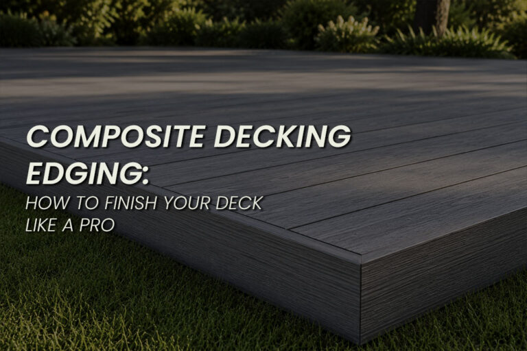 Modern deck with finished composite deck edge trim around the perimeter and grass surrounding the structure. Text on the image reads "COMPOSITE DECKING EDGING. HOW TO FINISH YOUR DECK LIKE A PRO".