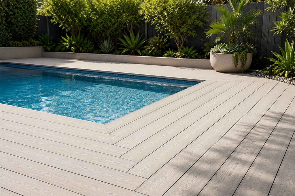 Outdoor Decking Ideas 01 Enhance your swimming area with durable, slip-resistant composite decking in soft neutral tones. This practical yet stylish deck design provides a seamless transition between the pool and garden while creating a resort-style backyard experience.