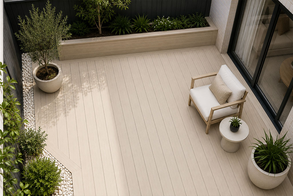 Outdoor Decking Ideas 02 Brighten small outdoor spaces with light-coloured composite decking inspired by coastal Australian homes. This elegant deck design maximises natural light, creating an open and relaxing atmosphere for everyday outdoor living.