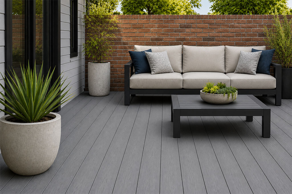 Outdoor Decking Ideas 03 Grey-toned composite decking creates a stylish and modern courtyard retreat. This clean-lined deck design pairs perfectly with contemporary outdoor furniture, making it an ideal solution for compact outdoor living spaces.