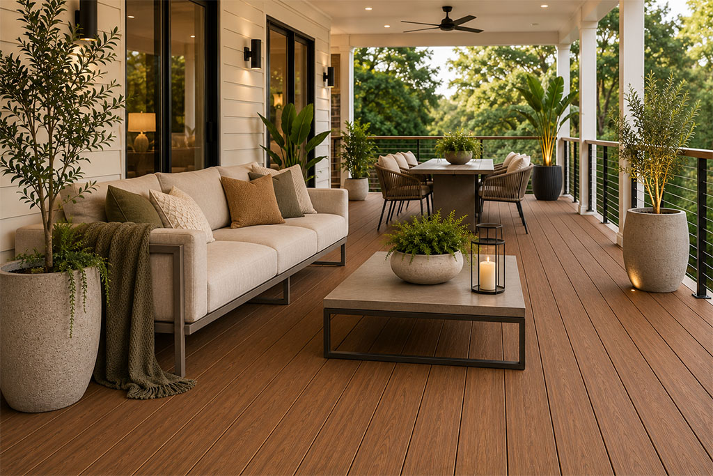 Transform your alfresco area with warm timber-look composite decking that brings natural charm without the upkeep of traditional wood. This inviting deck design is perfect for outdoor dining, relaxing, and year-round entertaining.