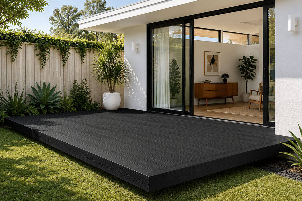 Create a bold and contemporary backyard with sleek black composite decking that contrasts beautifully against modern architecture. This minimalist deck design delivers a sophisticated outdoor entertaining space while offering the low-maintenance benefits homeowners love.
