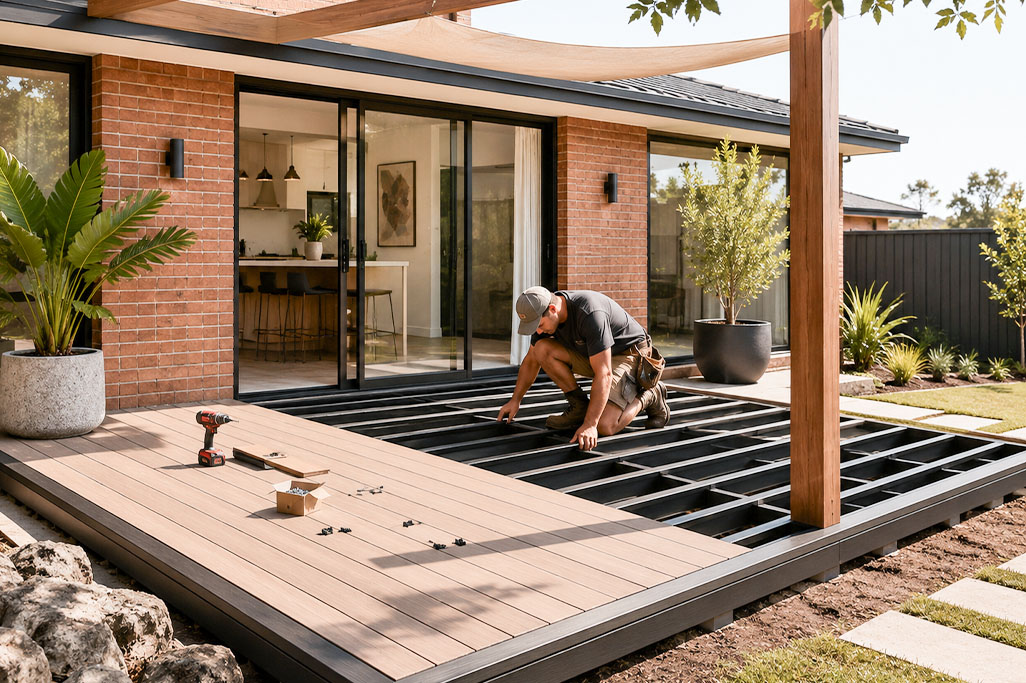 Composite decking installation with a contractor replacing an old timber deck using a durable low-maintenance composite deck frame