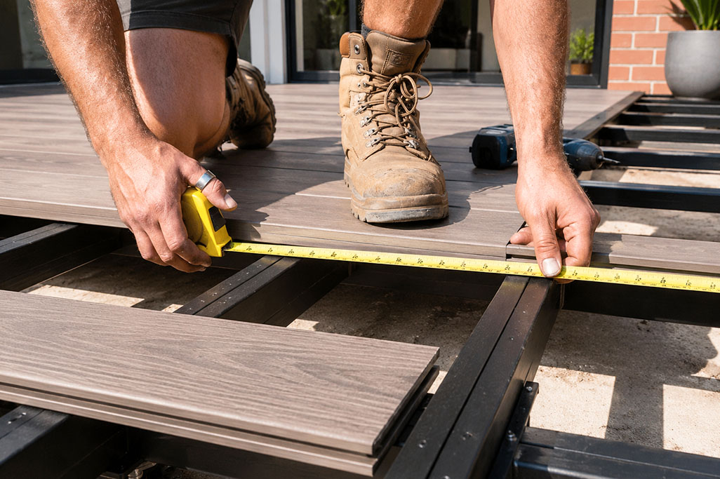 Composite decking installation with a contractor measuring deck boards on a durable low-maintenance composite deck frame