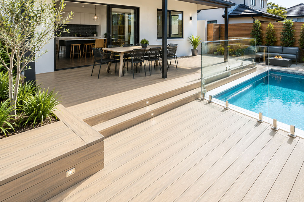 Composite decking around a modern swimming pool with low-maintenance outdoor flooring and stylish entertaining area