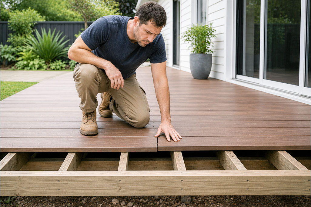 Composite decking installation showing a contractor replacing timber deck boards on a sturdy subframe for a durable outdoor deck