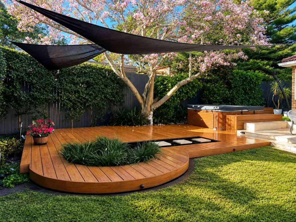 Composite decking Homebush project featuring HD PRO Aussie Redwood with a curved deck, feature tree, spa, and integrated water feature.
