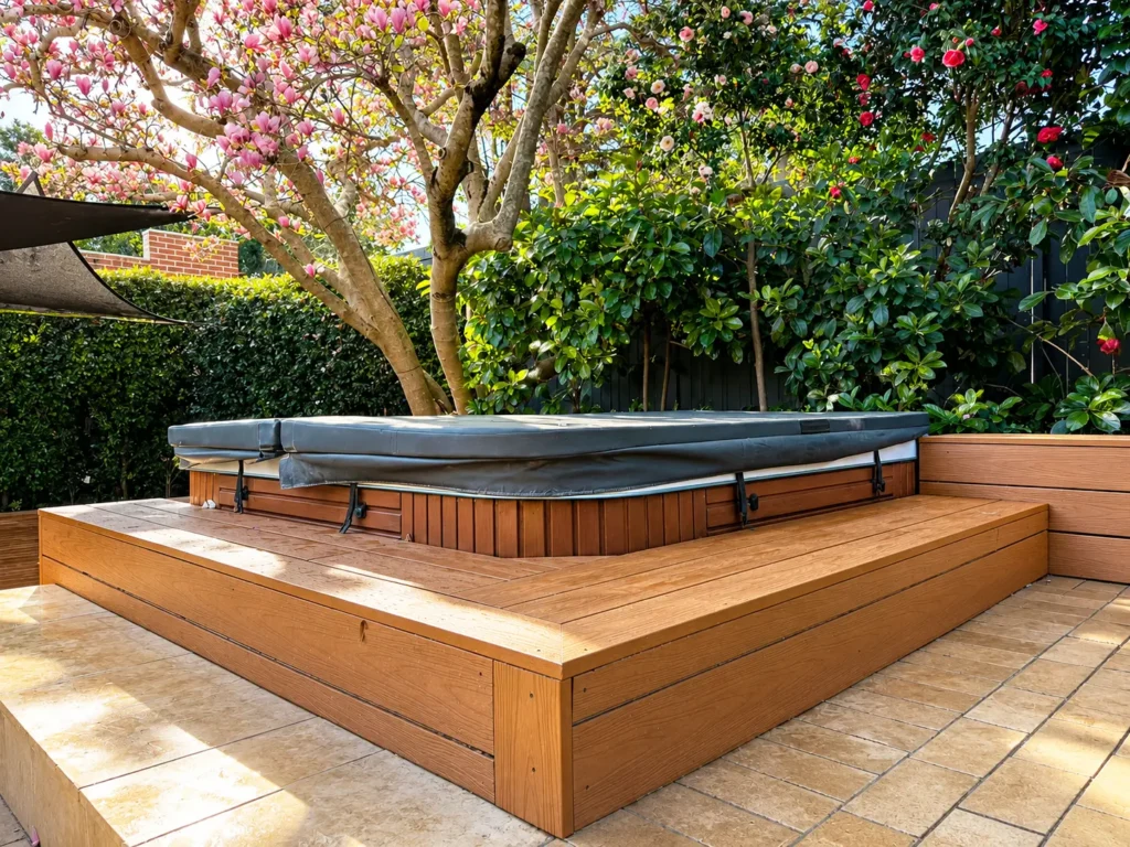 Composite decking Homebush with HD PRO Aussie Redwood surrounding a raised spa and creating a seamless outdoor entertaining area.