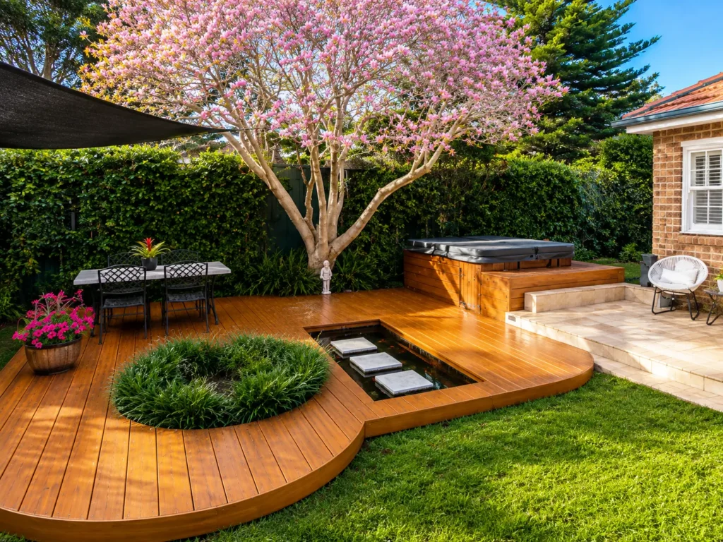 Composite decking Homebush featuring HD PRO Aussie Redwood, a curved deck design, raised spa, and landscaped backyard.