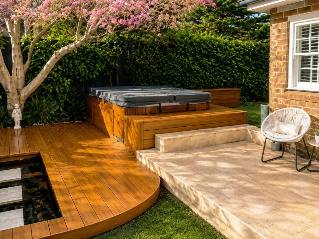 Composite decking Homebush highlighting HD PRO Aussie Redwood around the spa with tiled patio and low-maintenance outdoor living.