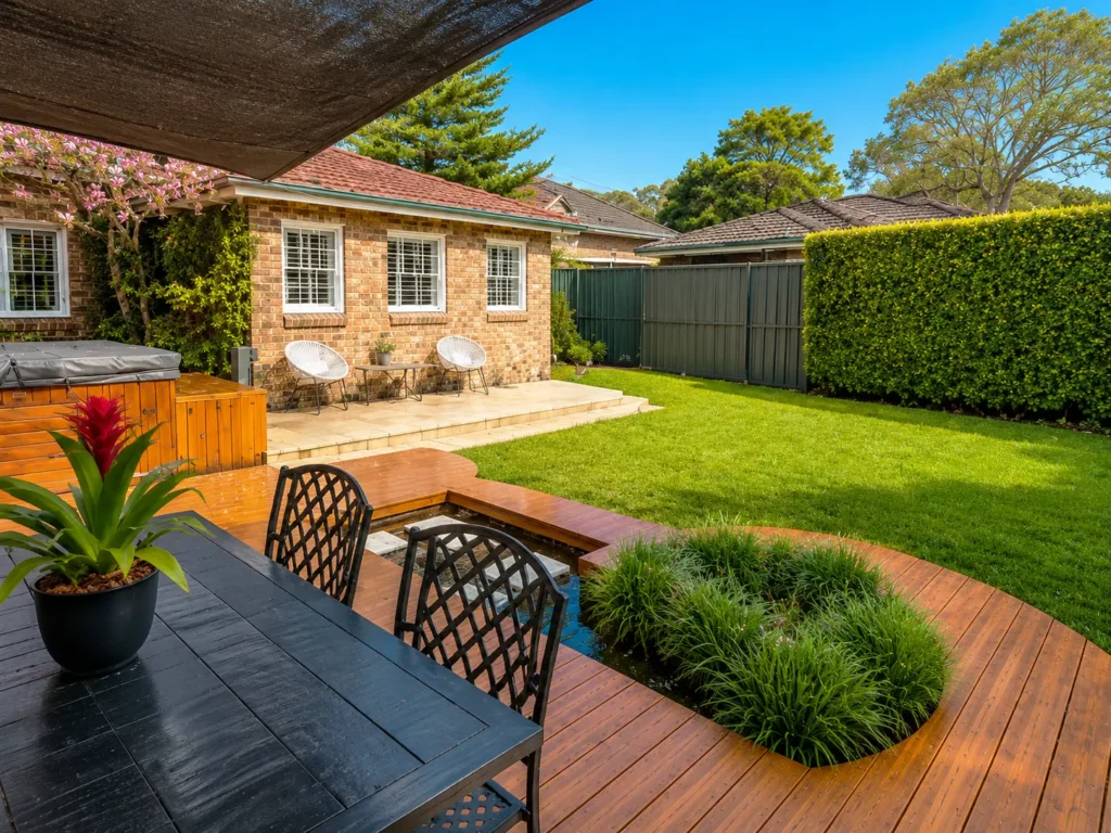 Composite decking Homebush in HD PRO Aussie Redwood overlooking a landscaped backyard with outdoor dining area and custom decking.