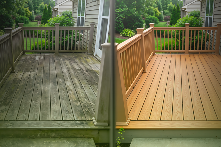 Side-by-side comparison of weathered timber decking and clean composite decking in a residential outdoor space.
